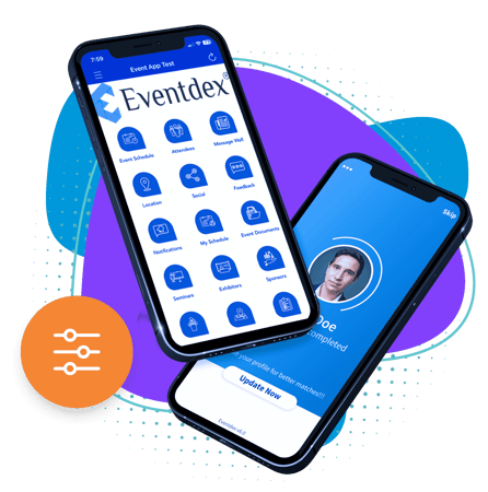 Screenshot showing Nextech event app engagement tools with agenda integration, notifications, and analytics dashboards.