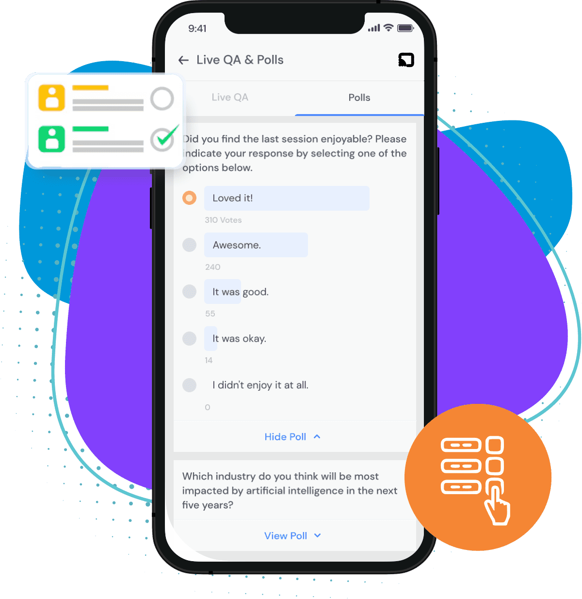 Mobile screen displaying real-time polls and Q&A during a live session, showing interactive participation features.