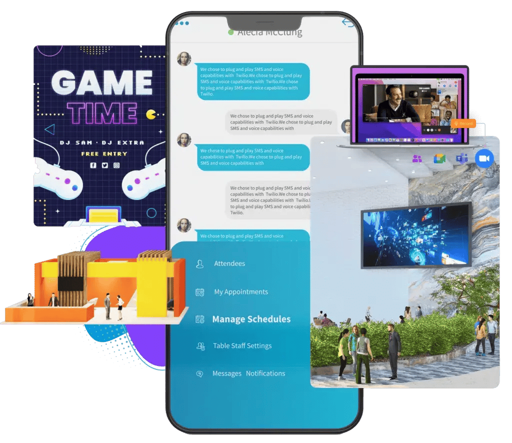 Event app core package showing map-first wayfinding, agenda and speaker experience, exhibitor and sponsor listings, push notifications, and analytics dashboards for adoption and discovery