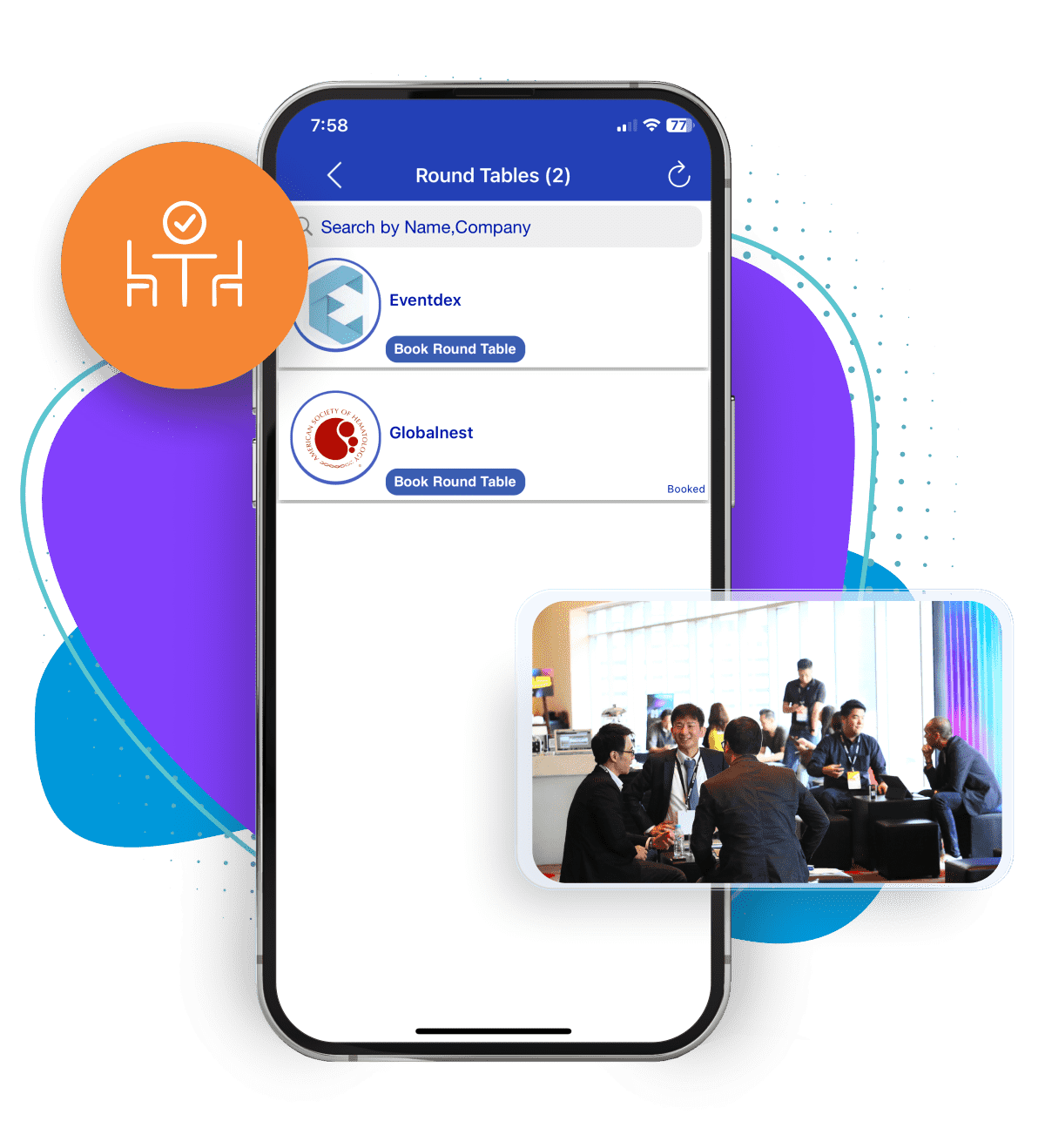 Exhibitor profile interface displaying CTAs for meetings, contact, and lead capture with performance reporting. Exhibitor profile interface displaying CTAs for meetings, contact, and lead capture with performance reporting.