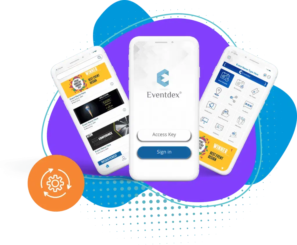 Mobile conference app showing agenda, speakers, and personalized schedules for in person and hybrid events.