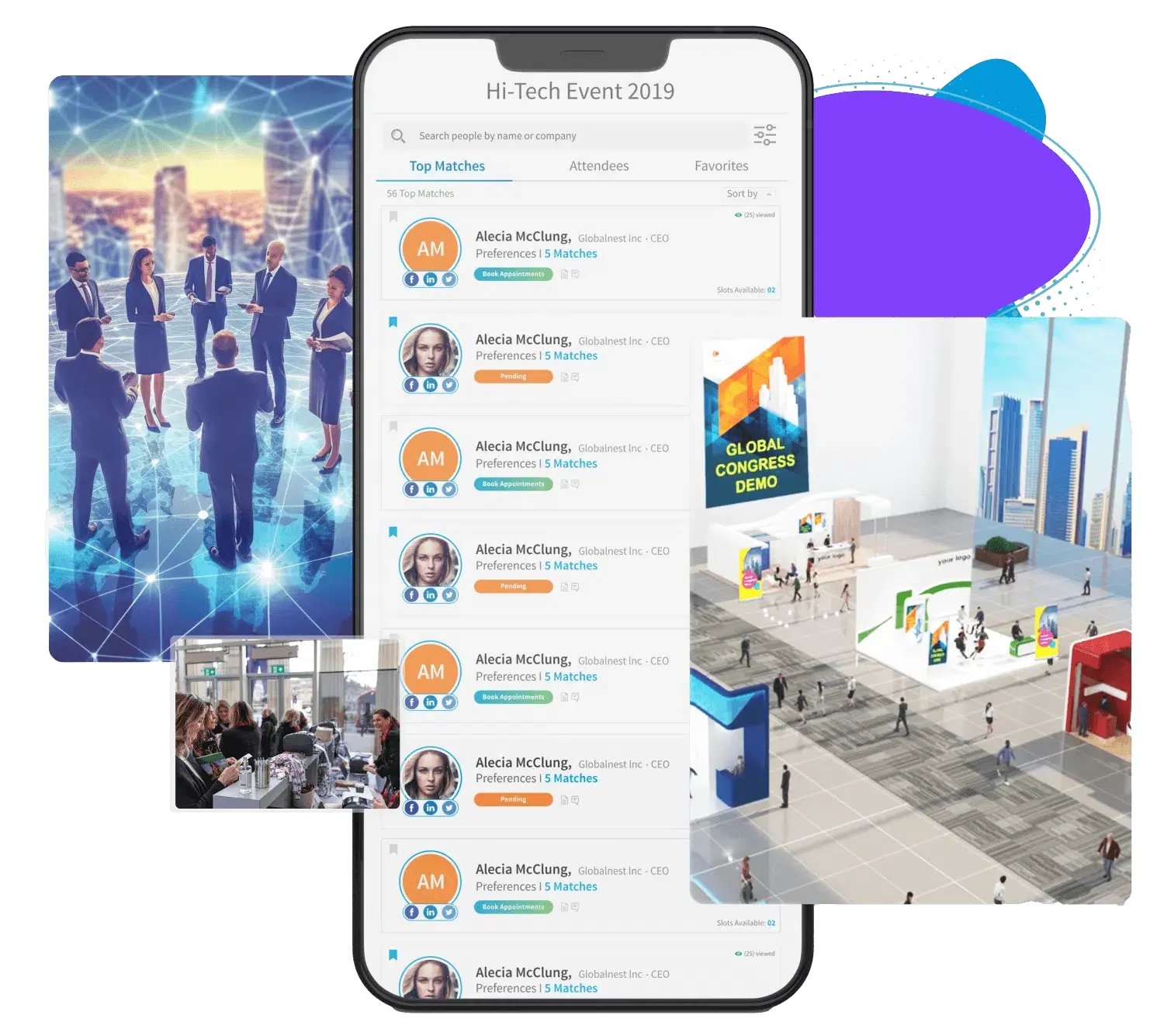 Illustration of the hybrid event platform highlighting map-based wayfinding, attendee interactions, and exhibitor engagement features. Illustration of the hybrid event platform highlighting map-based wayfinding, attendee interactions, and exhibitor engagement features.