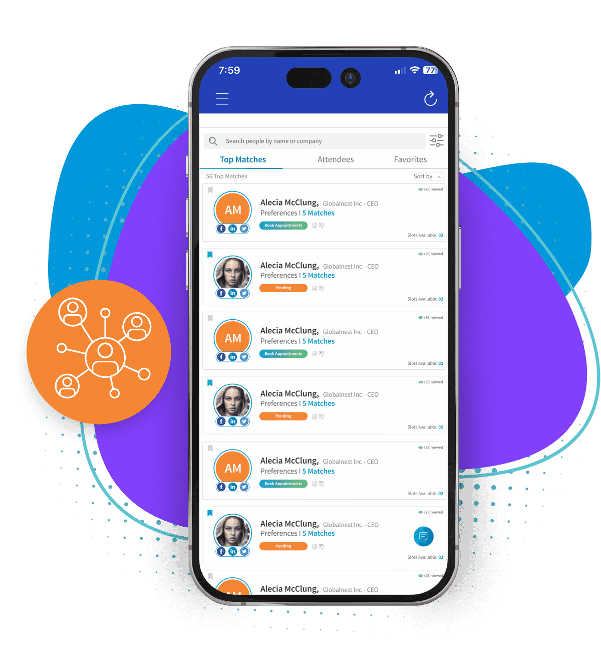 Attendee directory and meeting request interface with messaging and scheduling features.