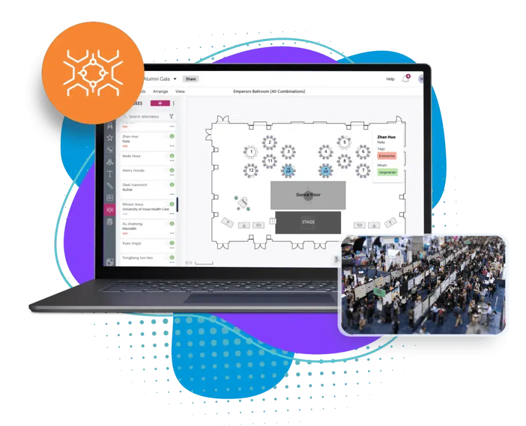 Interactive venue map inside the event app showing rooms, amenities, and wayfinding.